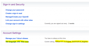 Yahoo account settings language and time zone