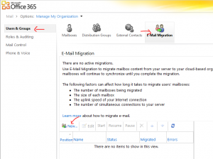 create new migration in office365 manage migration interface